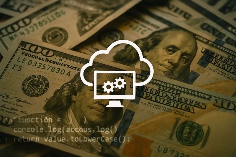 $75 billion cloud revenue: code overlaying $100 bills with cloud computing icon